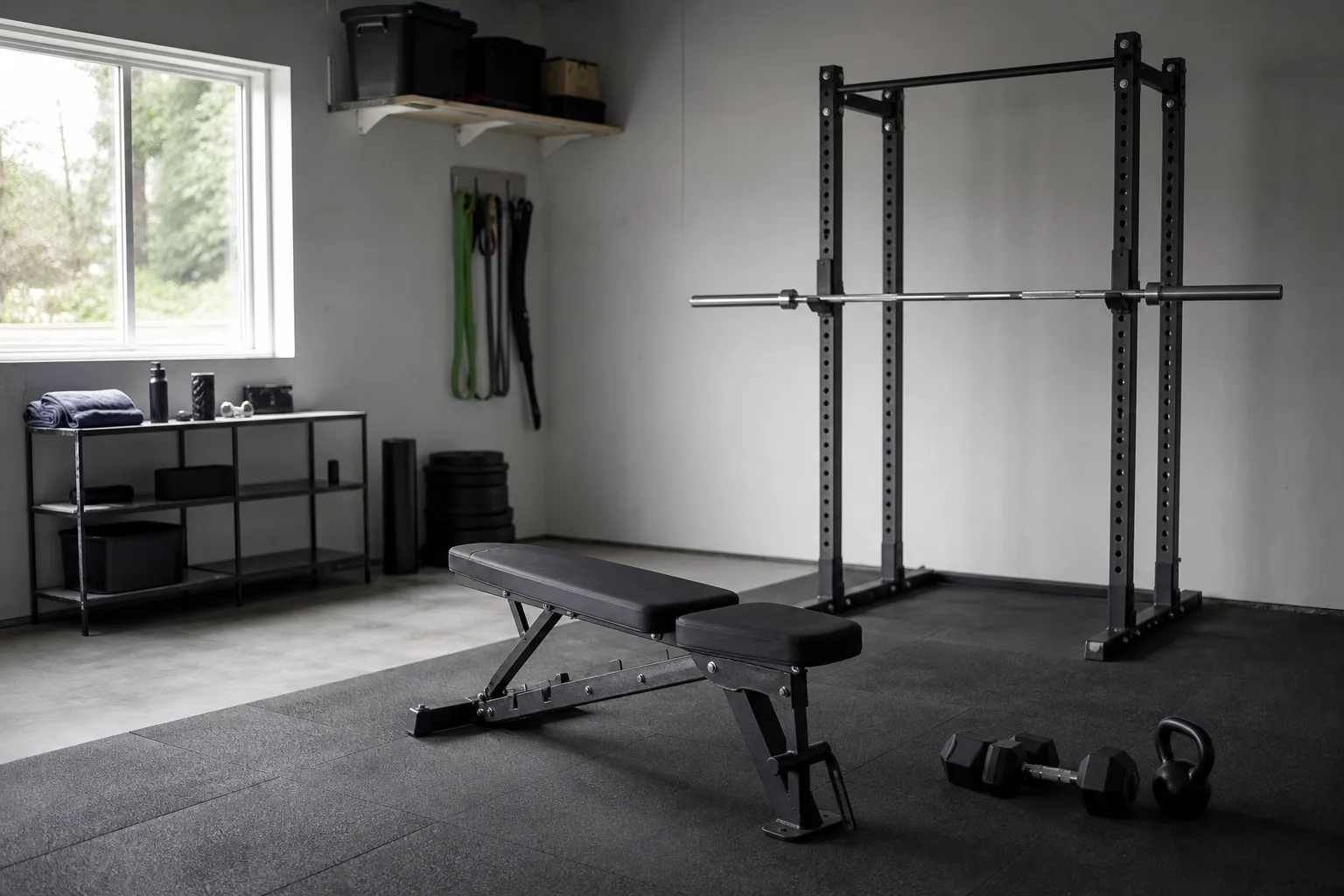 Träningsbänk framför ställning och rack i ett garage