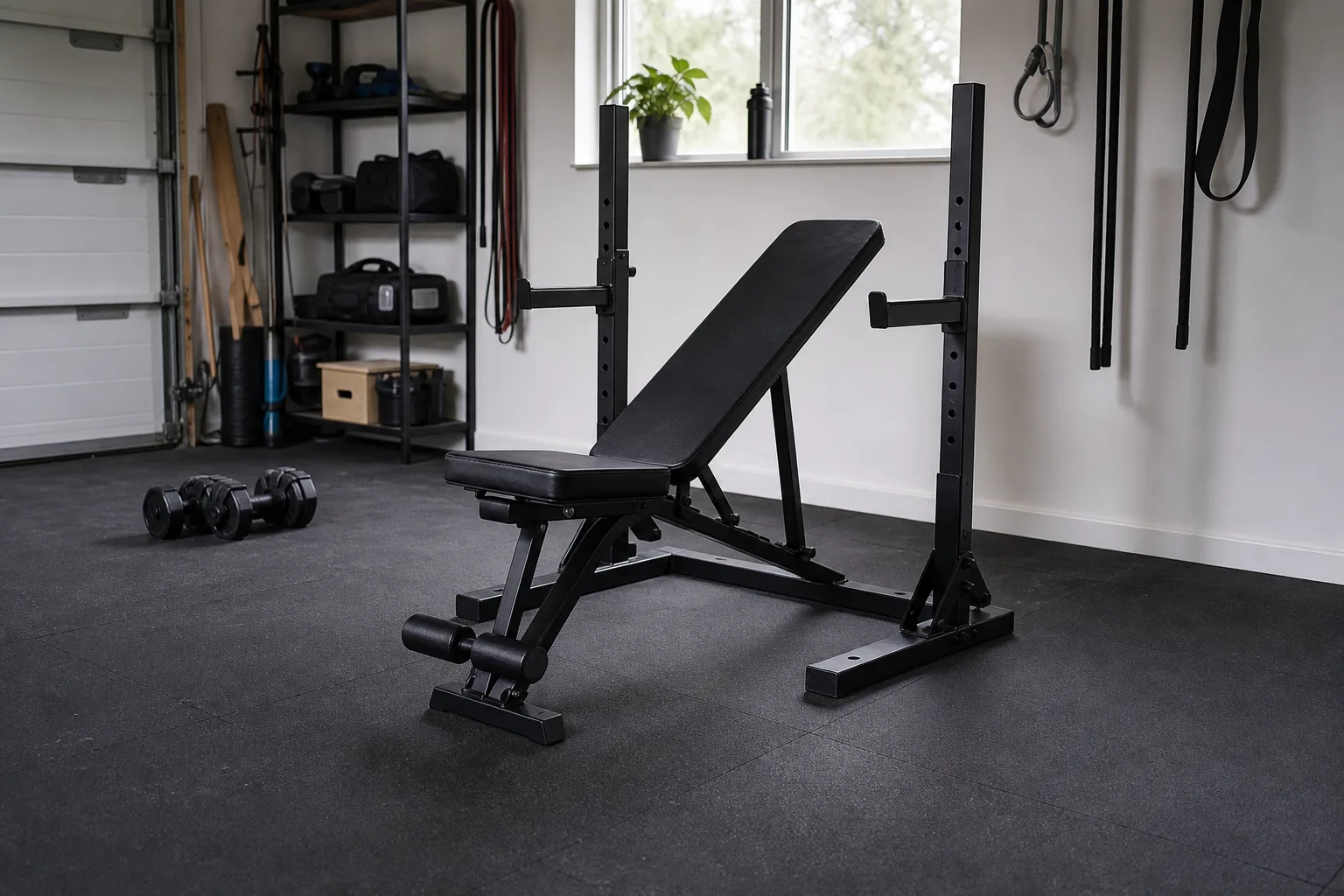 Träningsbänk med säkerhetsarmar i ett garage