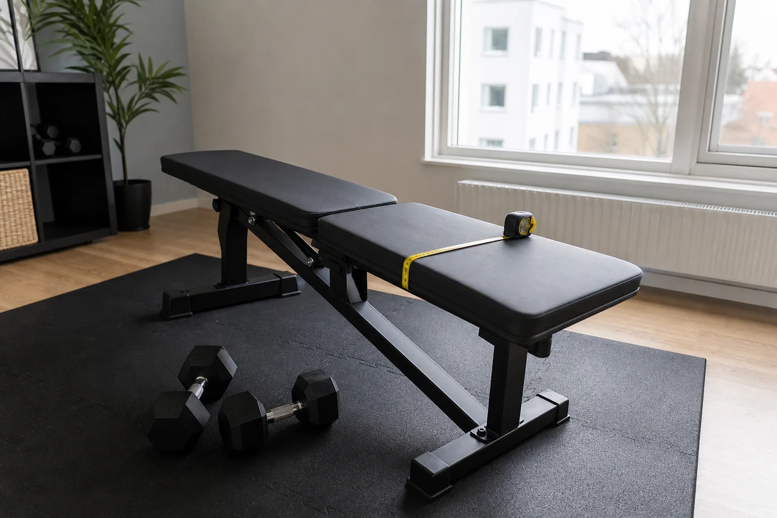 Träningsbänk med måttband över dynan i ett ledigt rum