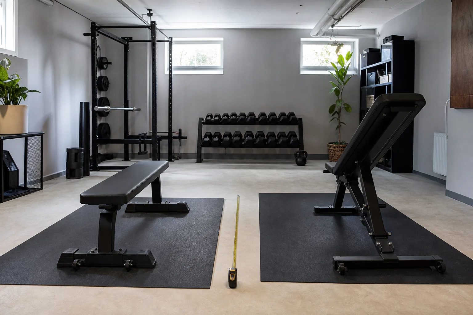 Två kraftiga träningsbänkar med måttband i ett källargym