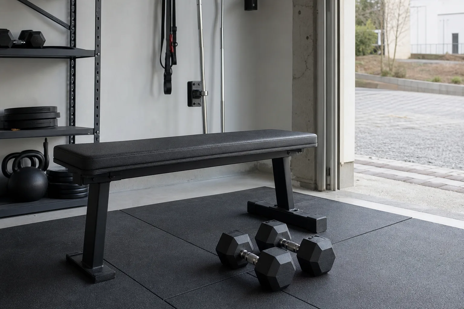 Plan träningsbänk med synlig dynsöm i ett garage