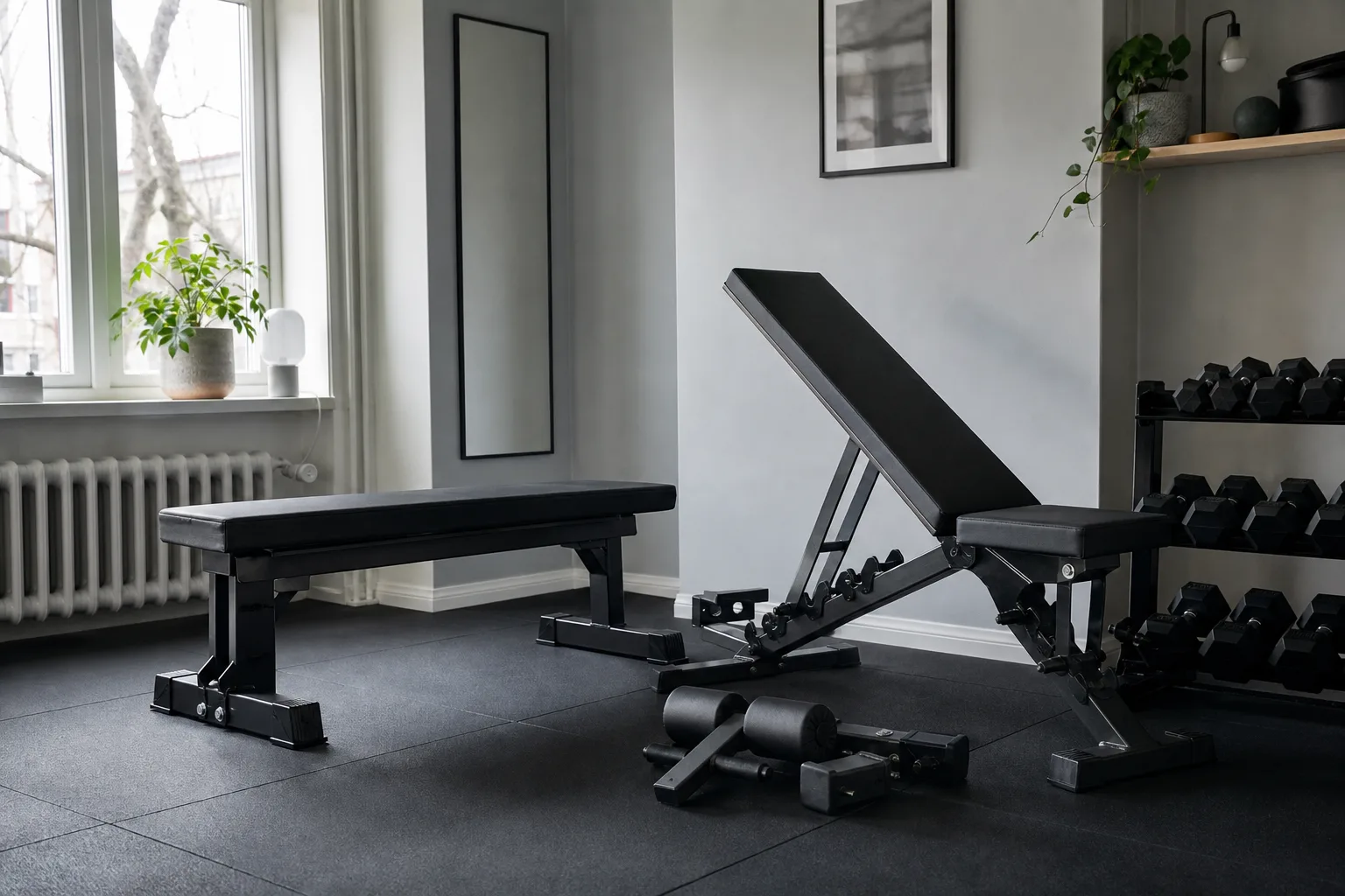 Justerbar träningsbänk och bänk med benmodul sida vid sida