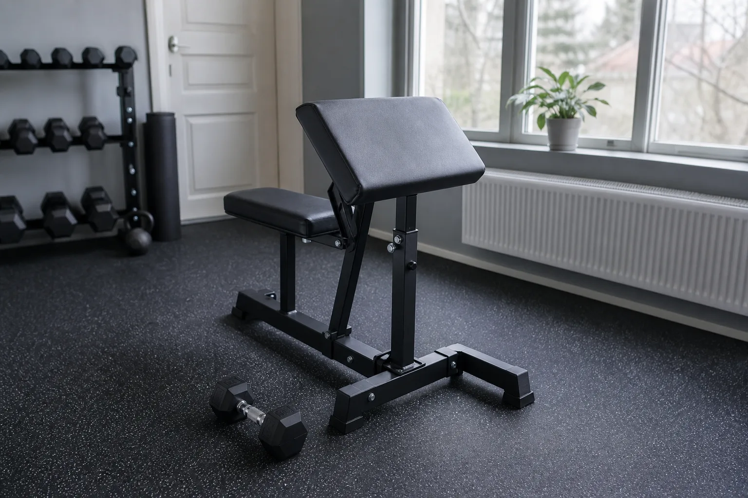 Curlbänk med hantel i ett eget träningsrum