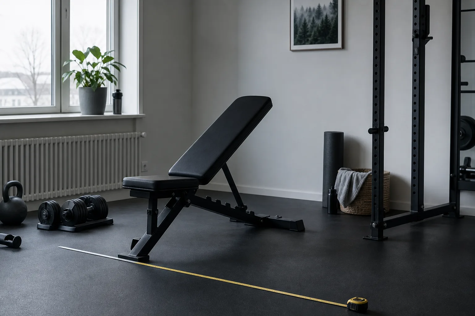 Ryggbänk med måttband på golvet i ett hemmagym
