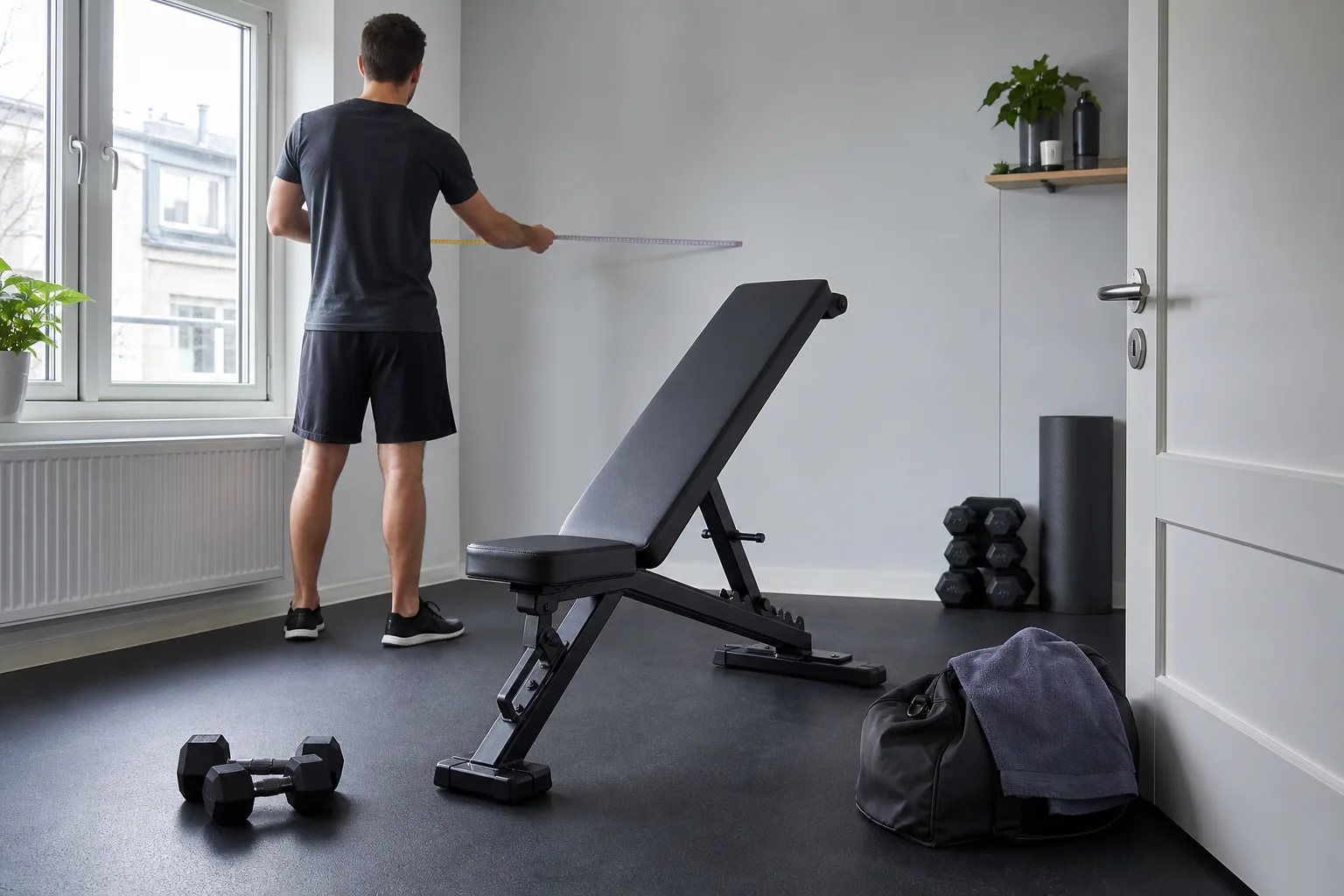 Träningsbänk i ett hemmagym med gymväska vid dörren