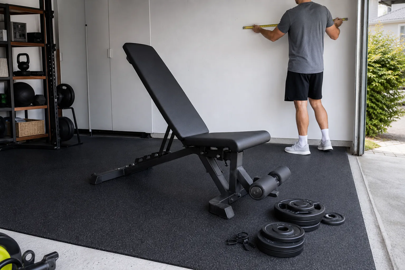 Träningsbänk med bencurl och viktskivor i ett garage